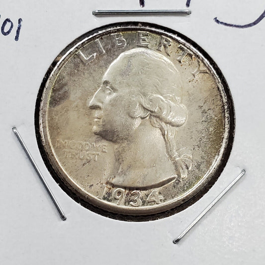 1934 P Washington Silver Quarter Coin Light Motto FS-401 AU About UNC Toned