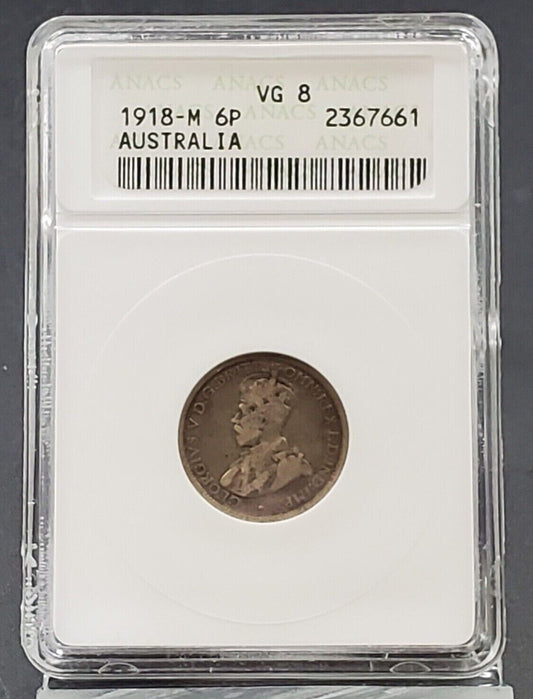 1918 M Australia Silver 6 Pence Coin key date ANACS CERTIFIED VG8