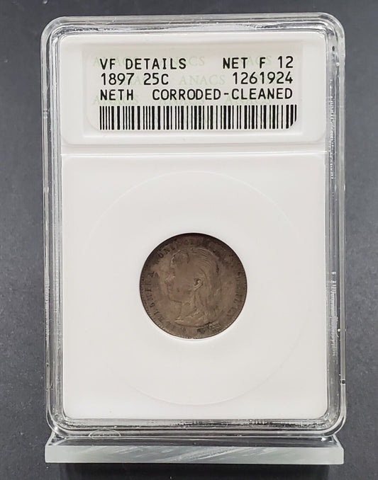 1897 25 Cents  Netherlands Nice Silver Coin ANACS VF DETAILS