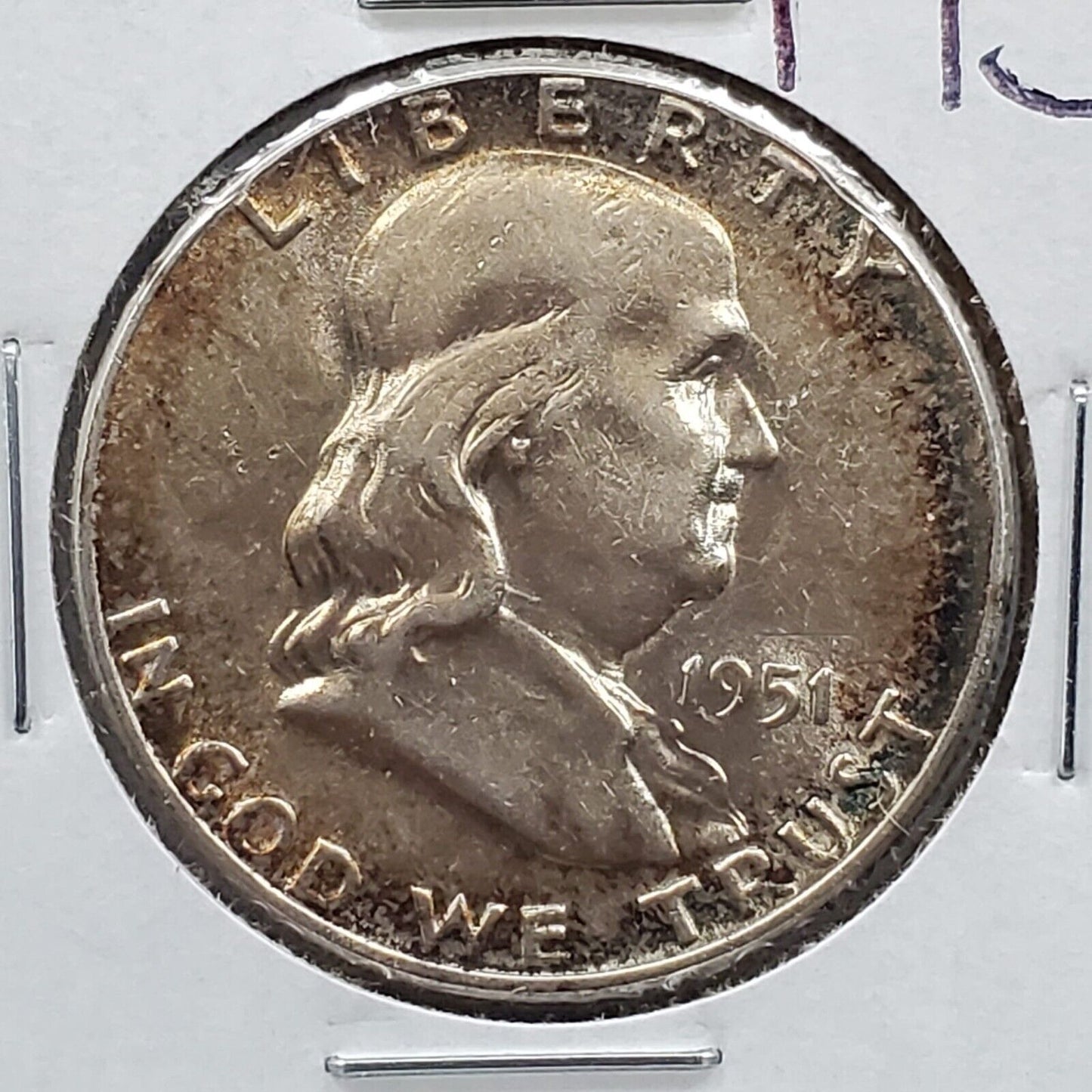1951 P Franklin Silver 90% Half Dollar Coin AU about UNC Neat Toning Toner