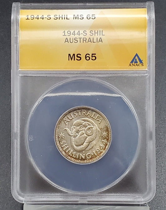 1944-S AUSTRALIA SHILLING 1S ANACS MS65 Gem BU UNC CERTIFIED