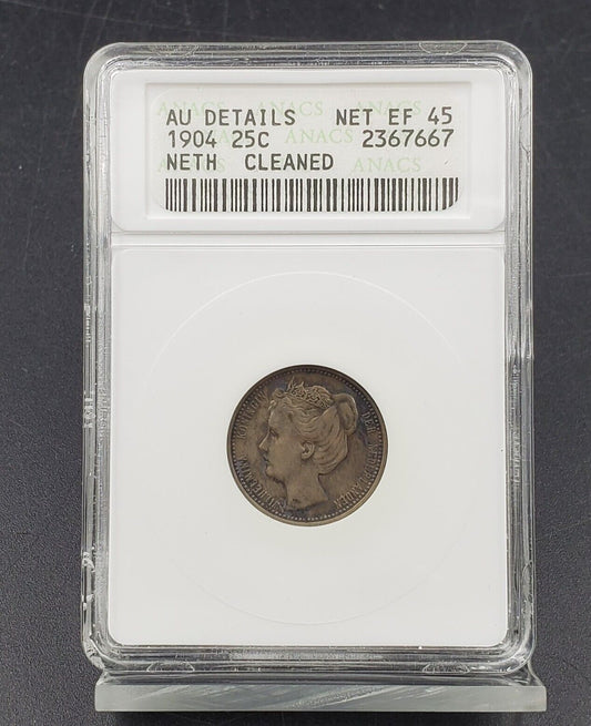 1904 Netherlands  25 Cent Silver Quarter coin ANACS Certified AU Details NET XF