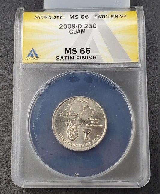 2009 D 25c Guam Territory Quarter ANACS MS66 SATIN FINISH SMS