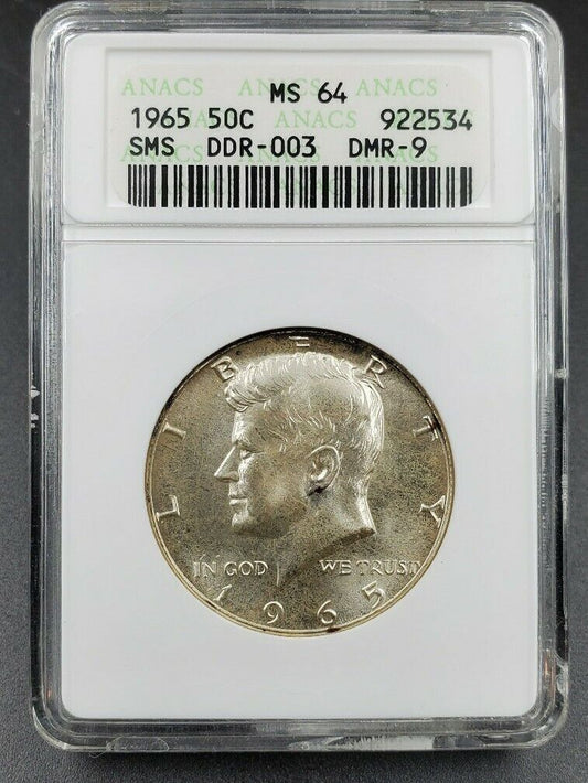 1965 SMS KENNEDY HALF DOLLAR 50c ANACS MS64 DDR-03 DMR-9 Wiles Variety
