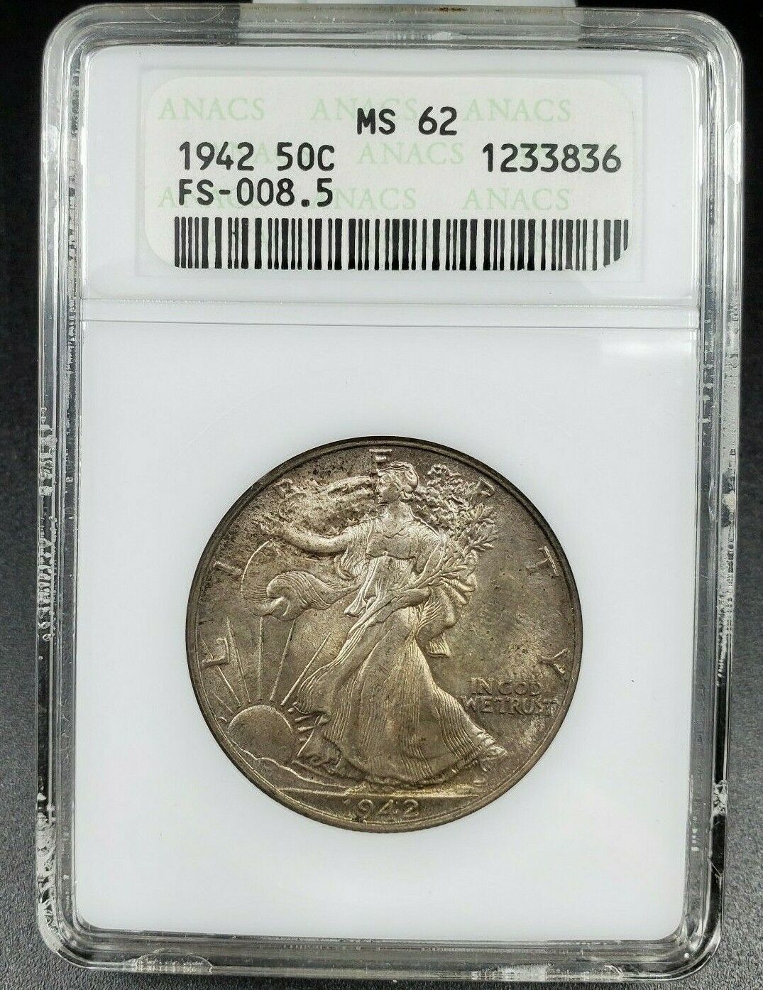 1942 P Walking Liberty Half Dollar ANACS MS62 DDO FS-101 FS-008.5 Variety TONER