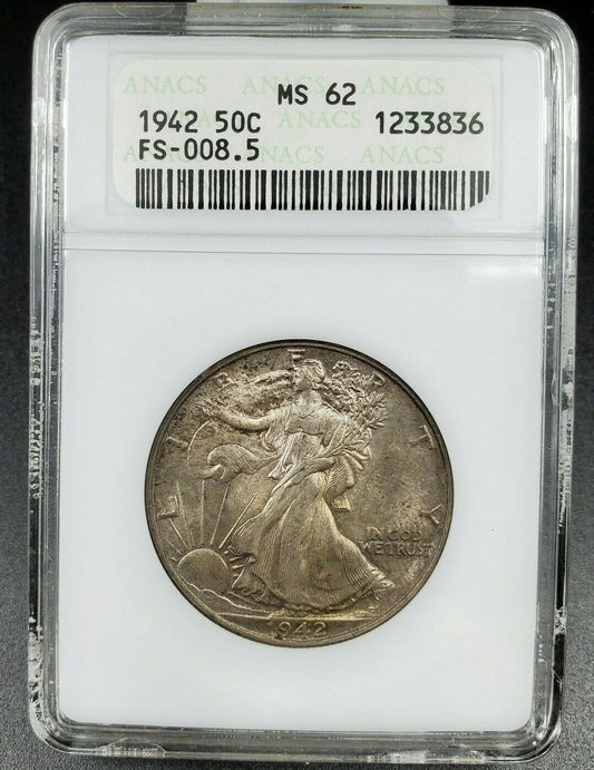 1942 P Walking Liberty Half Dollar ANACS MS62 DDO FS-101 FS-008.5 Variety TONER