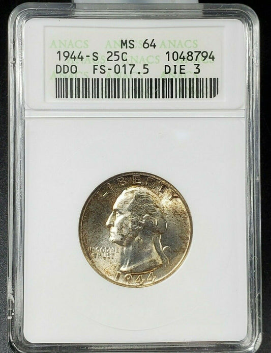 1944 S 25c Washington Quarter Variety ANACS MS64 DDO FS-101 FS-017.5 Stage C Die
