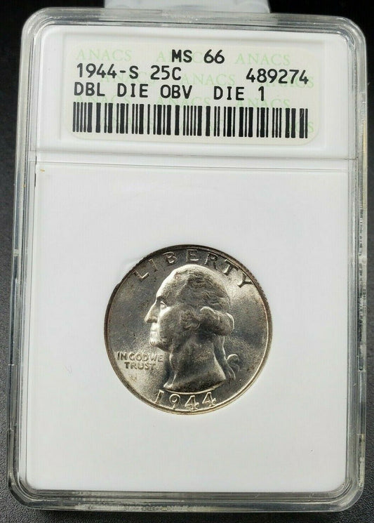 1944 S 25c Washington Silver Quarter Variety ANACS MS66 DDO 001 FS-101 Double Dy