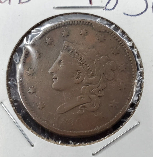 1836 1c Large Cent Choice Good Circ with Die CUDD Variety Obverse