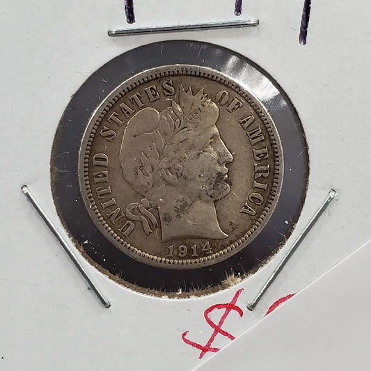 1914 D Barber DIME Silver Coin VF Very Fine Circ