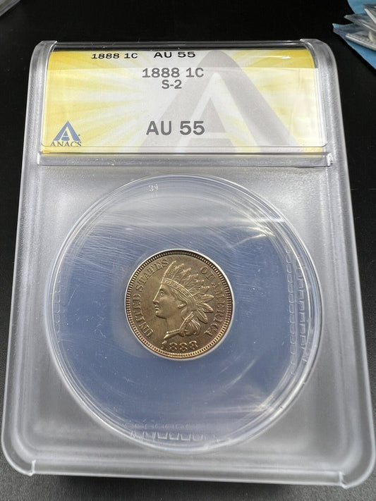 1888 P Indian Head Cent Coin ANACS AU55 S-2 Snow 2 Variety FS-302 RPD Toner