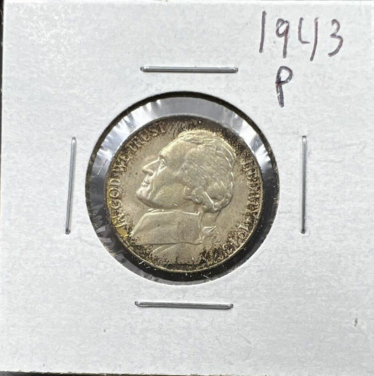 1943 P 5c Silver War Nickel Jefferson Choice BU UNC Nice Toning Toner