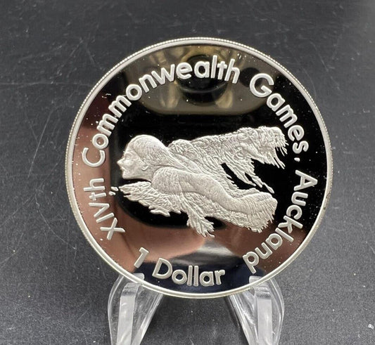1989 Auckland commonwealth games gem proof New Zealand silver coin Swimmer 925