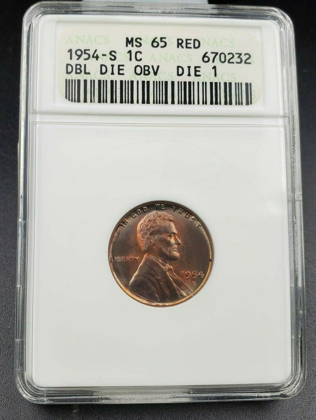 1954 S Lincoln Wheat Cent Penny Variety ANACS MS65 DDO 001 PQ * Rainbow Toning