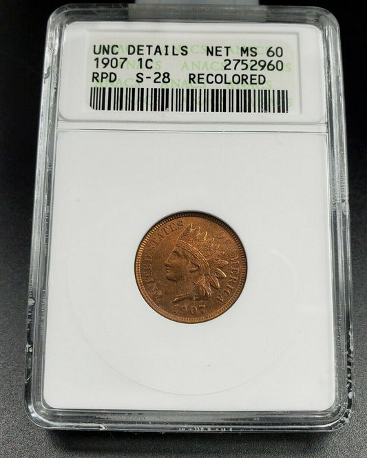 1907 P Indian Cent Penny Coin ANACS Unc Details RPD S-28 Repunched Date