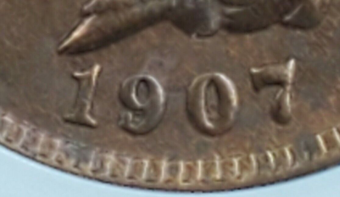 1907 P Indian Cent Penny Coin ANACS Unc Details RPD S-28 Repunched Date