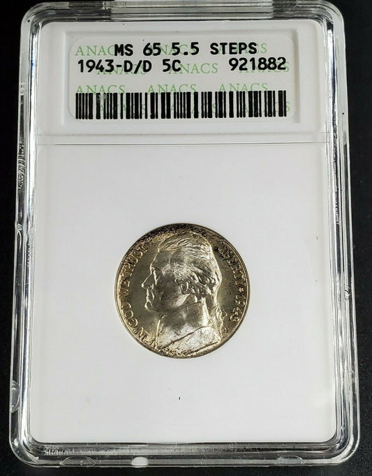 1943 D D/D Jefferson War Nickel Variety ANACS MS65 5.5 Full Step 5FS RPM FS-501