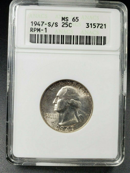 1947 S Washington Quarter Variety Coin ANACS MS65 RPM-001 FS-501