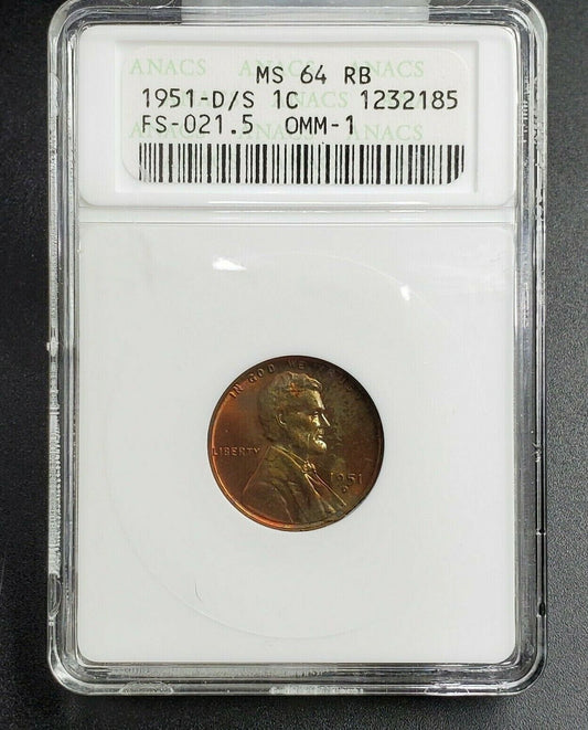 1951 D/S Lincoln Wheat Cent Penny Error ANACS MS64 RB FS-021.5 FS-511 Breen-2202