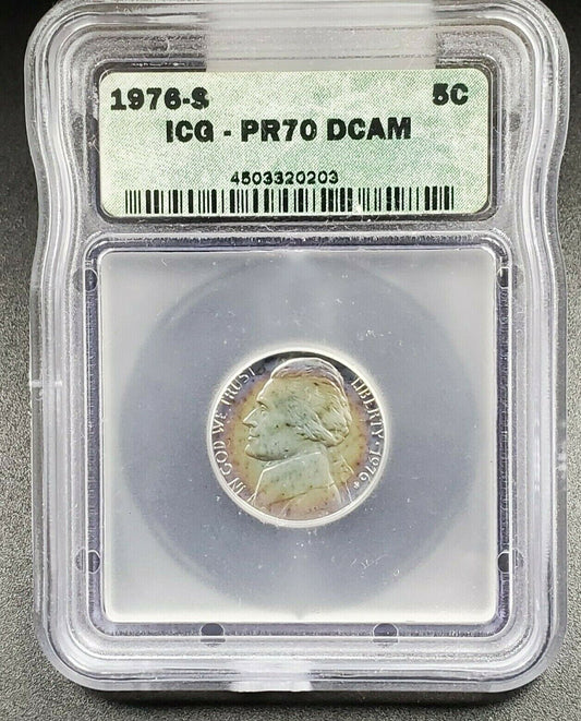 1976 S Jefferson Nickel Coin ICG PR70 DCAM Deep Cameo Proof PQ * Rainbow Toning
