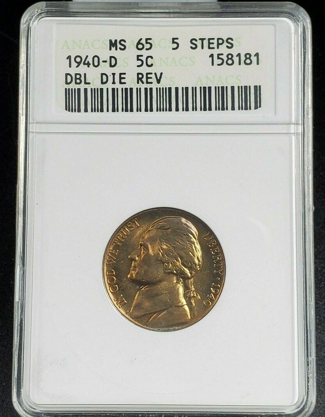 1940 D Jefferson Nickel Variety Coin MS65 5FS DDR 001 DMR-005 ANACS GEM BU