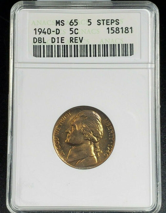 1940 D Jefferson Nickel Variety Coin MS65 5FS DDR 001 DMR-005 ANACS GEM BU