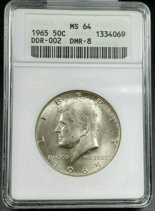 1965 P Kennedy Half Dollar ANACS MS64 50C DDR-002 DMR-008 Variety Double Die MS