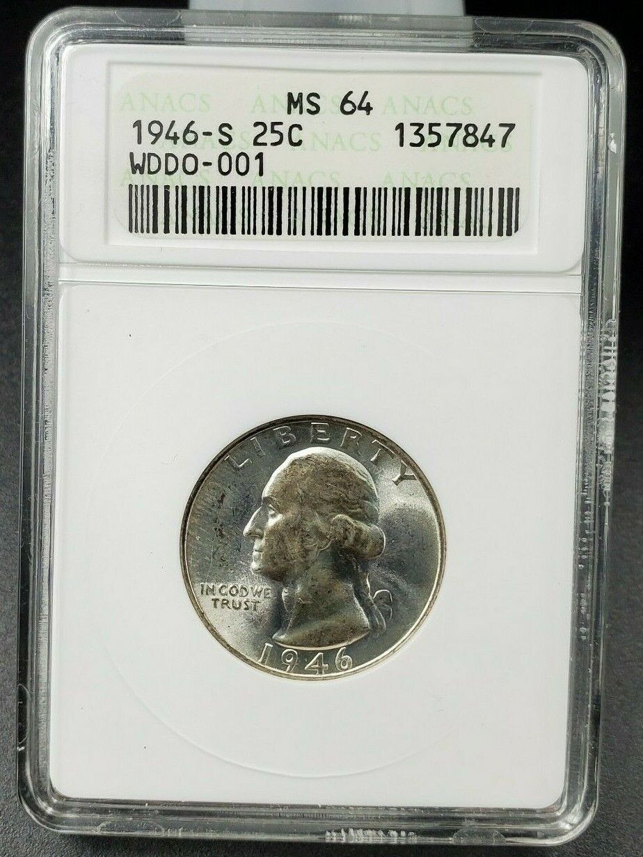 1946 S Washington Quarter Variety Coin ANACS MS64 DDO-001 DMR-002 Double Die OBV
