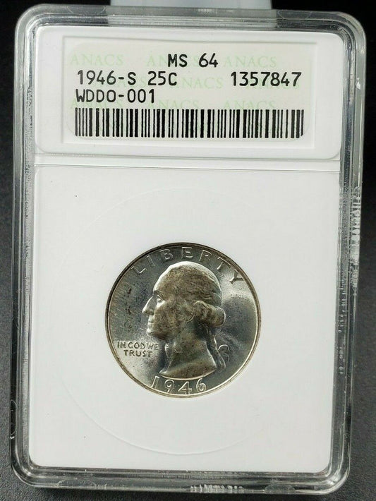 1946 S Washington Quarter Variety Coin ANACS MS64 DDO-001 DMR-002 Double Die OBV