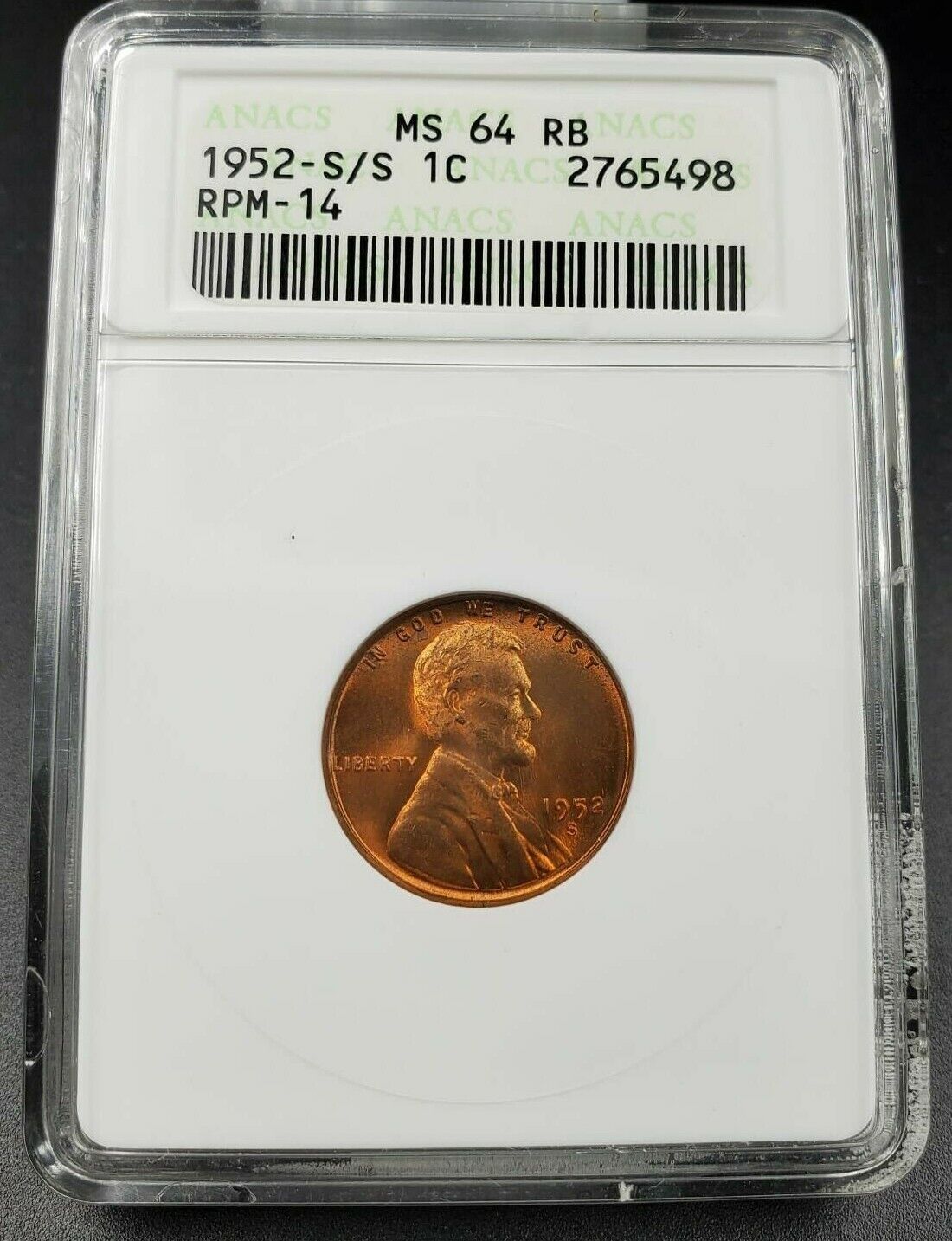 1952 S/S Lincoln Wheat Cent Penny ANACS MS64 RB RPM 014 Variety DMR-016