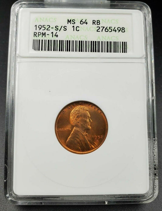 1952 S/S Lincoln Wheat Cent Penny ANACS MS64 RB RPM 014 Variety DMR-016