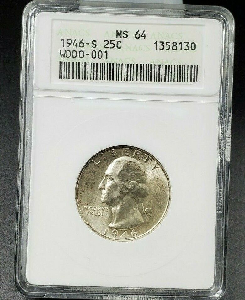 1946 S Washington Quarter Variety Coin ANACS MS64 DDO-001 DMR-002 Double Die