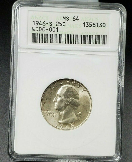 1946 S Washington Quarter Variety Coin ANACS MS64 DDO-001 DMR-002 Double Die