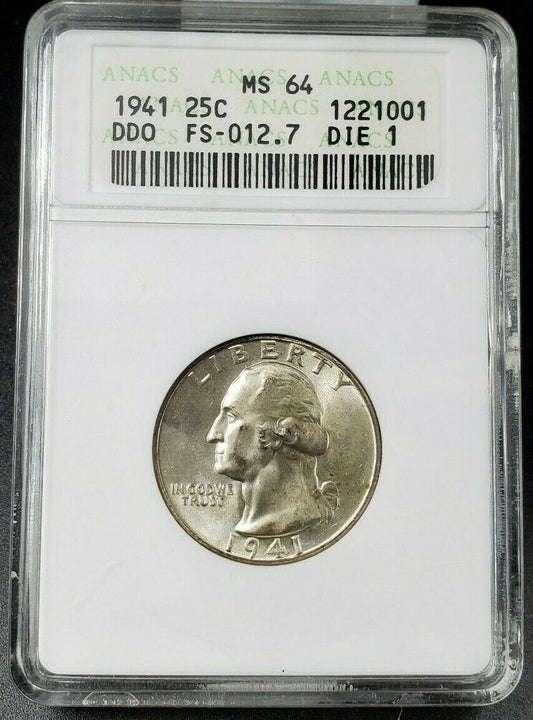 1941 P 25c Washington Silver Quarter ANACS MS64 DDO FS-012.7 FS-101 Double Die
