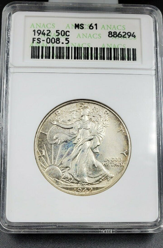 1942 P Walking Liberty Half Dollar Coin ANACS MS61 DDO FS-101 FS-008.5 Variety