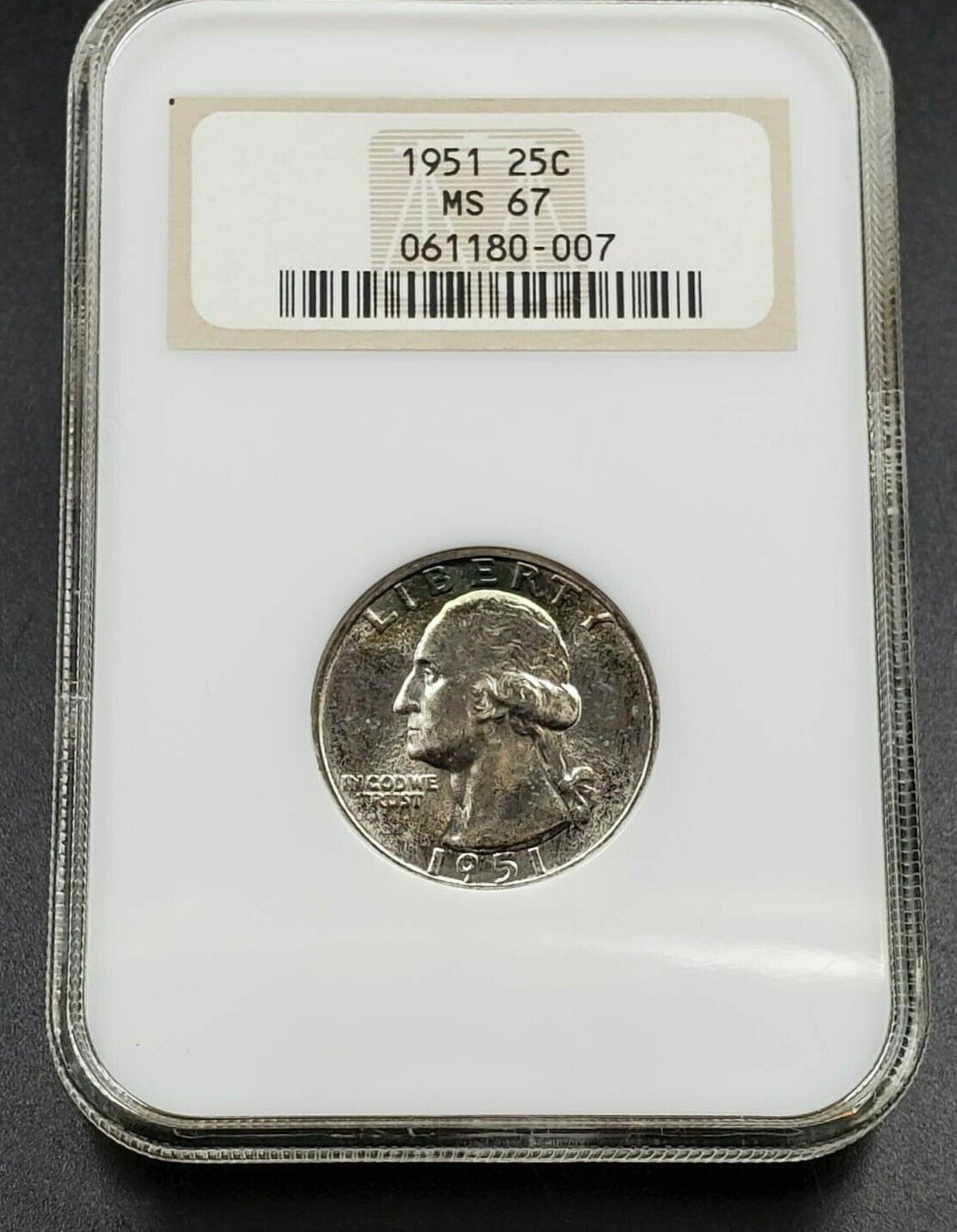1951 P 25C Washington Quarter Coin NGC MS67 GEM BU OFH Old Fat Holder Neat toner