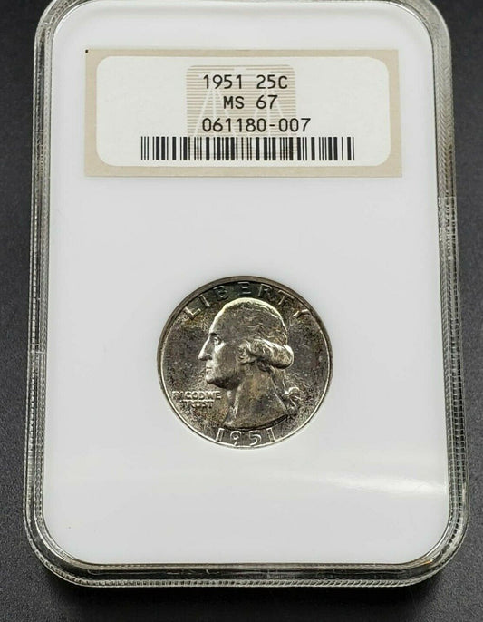 1951 P 25C Washington Quarter Coin NGC MS67 GEM BU OFH Old Fat Holder Neat toner