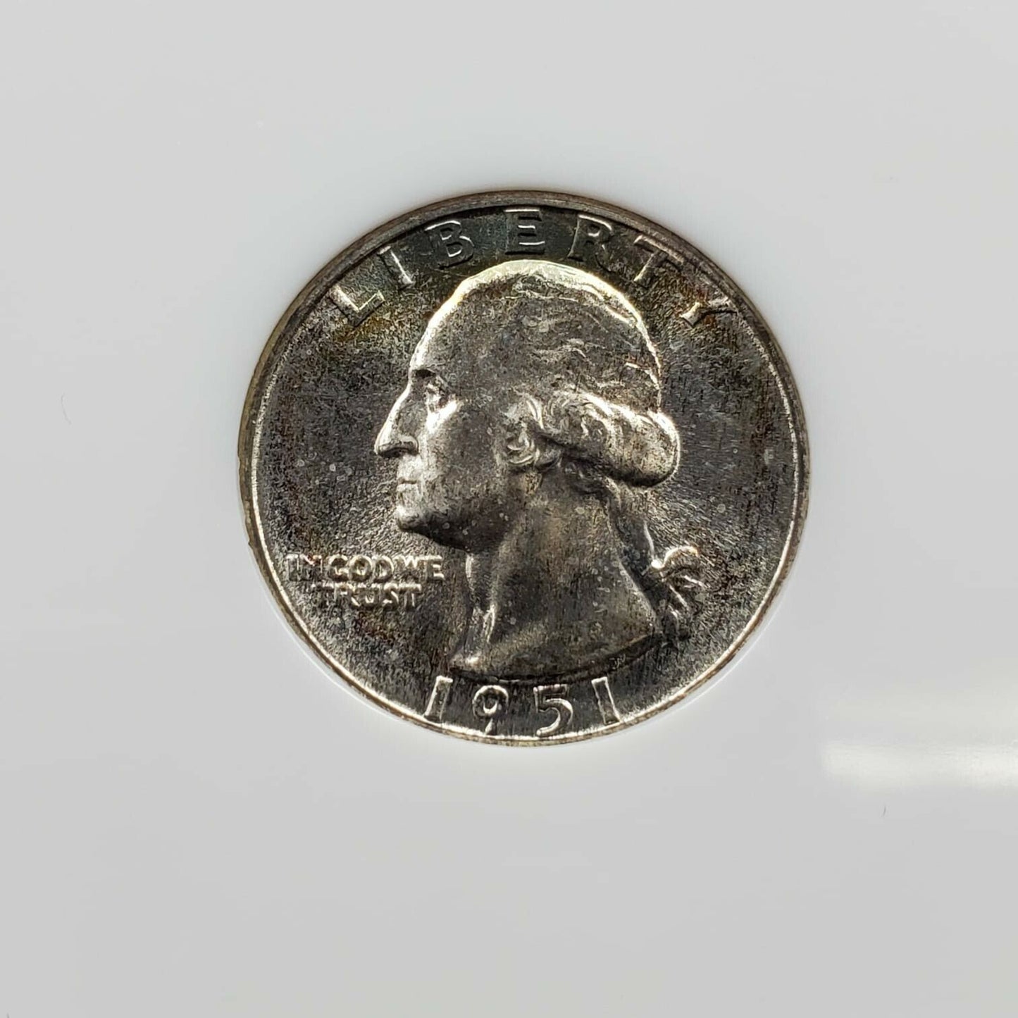 1951 P 25C Washington Quarter Coin NGC MS67 GEM BU OFH Old Fat Holder Neat toner
