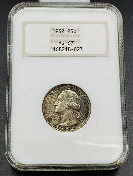 1952 P 25C Washington Quarter Coin NGC MS67 GEM BU OFH Old Fat Holder Toner
