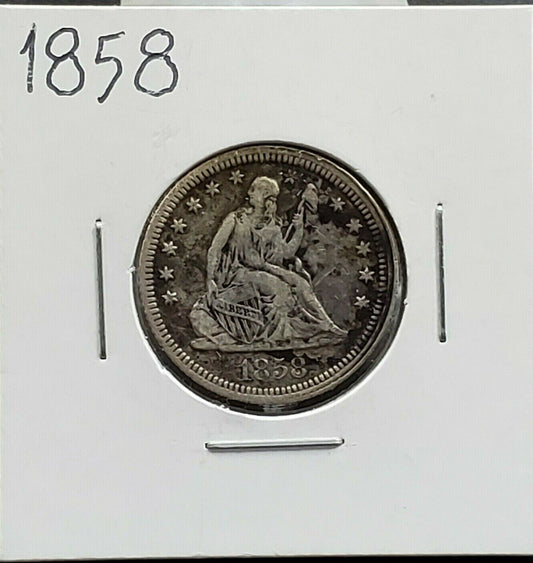 1858 P Seated Liberty Silver Quarter Coin VF Very Fine Condition Some Toning
