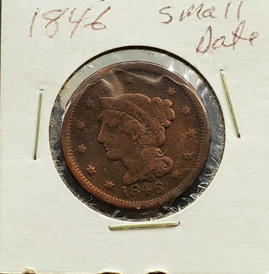 1846 Small Date 1c Liberty Head Large Cent Penny US Copper Choice VG / FINE