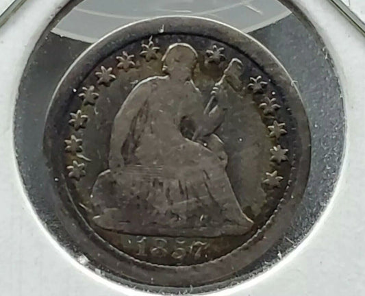 1857 5c Seated Liberty Silver Half Dime Coin Choice Fine PQ Circ Toning Toner