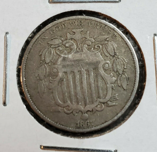 1867 No Rays Variety Shield Nickel 5c Coin Choice VG Very Good Circulated
