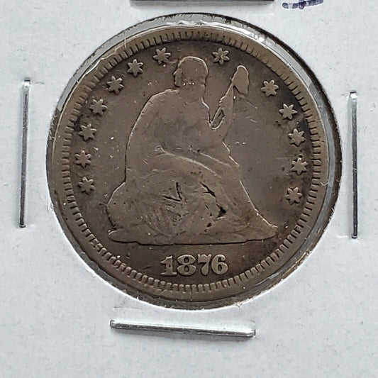 1876 P 25c Seated Liberty Silver Quarter Coin Choice VG Very Good / Fine
