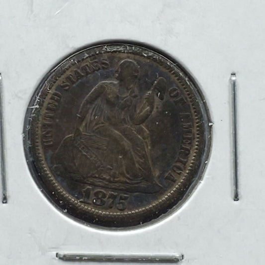 1875 P Liberty Seated Silver Dime Coin Choice VF Very Fine Neat Toning Toner