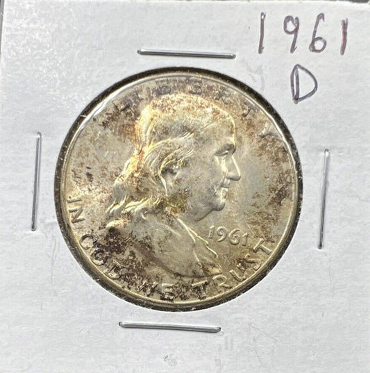 1961 D Franklin Silver Half Dollar Coin BU UNC Nice Toning Toner