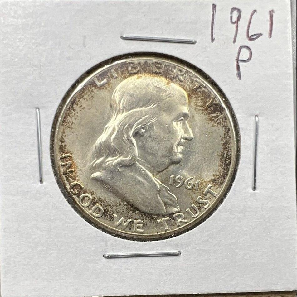 1961 P Franklin Silver Half Dollar Coin BU UNC Nice Toning Toner
