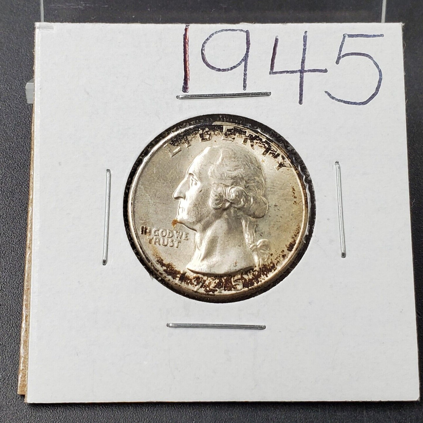 1945 P 25c Washington Quarter Coin BU UNC WW2 Era Coin Neat Toning Toner