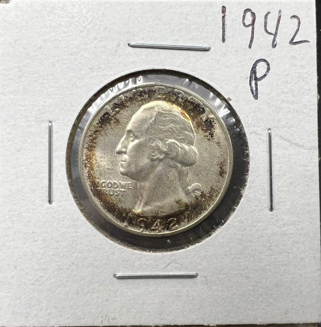 1942 P 25c Washington Quarter Coin Choice BU UNC Nice Toning Toner