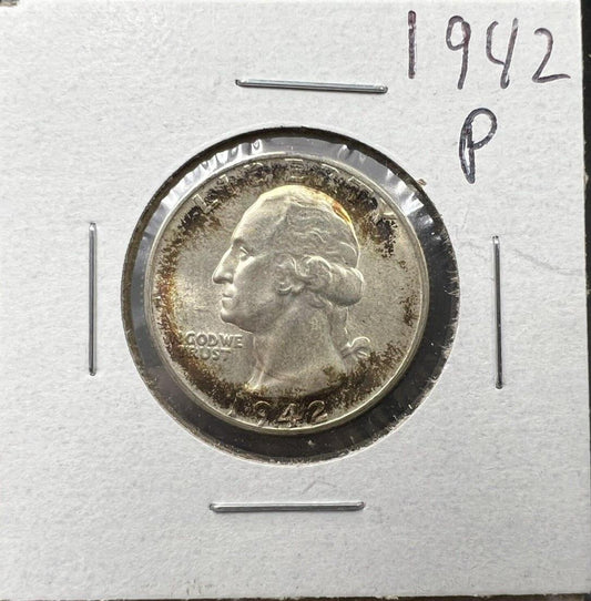 1942 P 25c Washington Quarter Coin Choice BU UNC Nice Toning Toner
